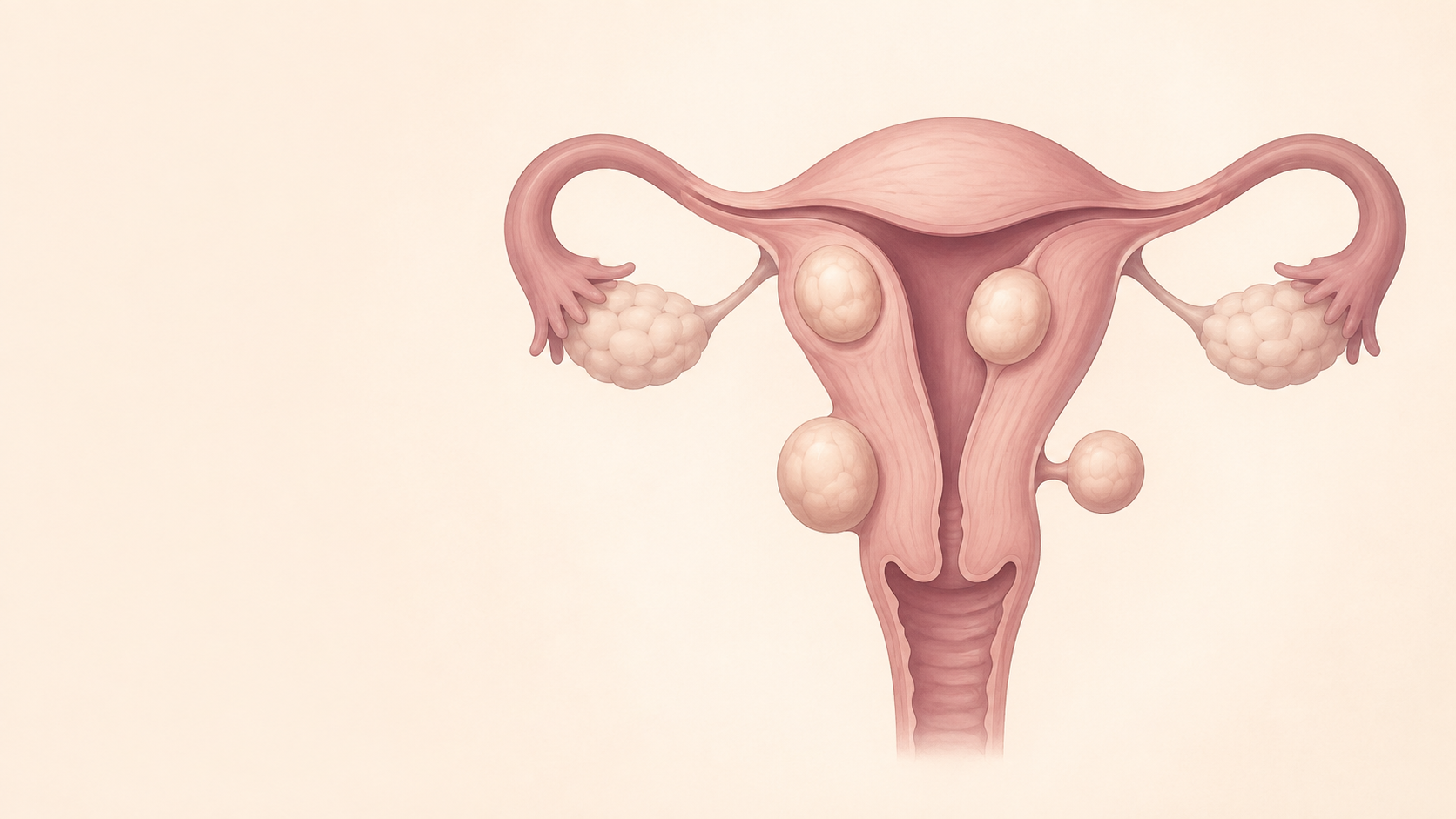 Ilustração médica do útero com miomas em diferentes localizações
